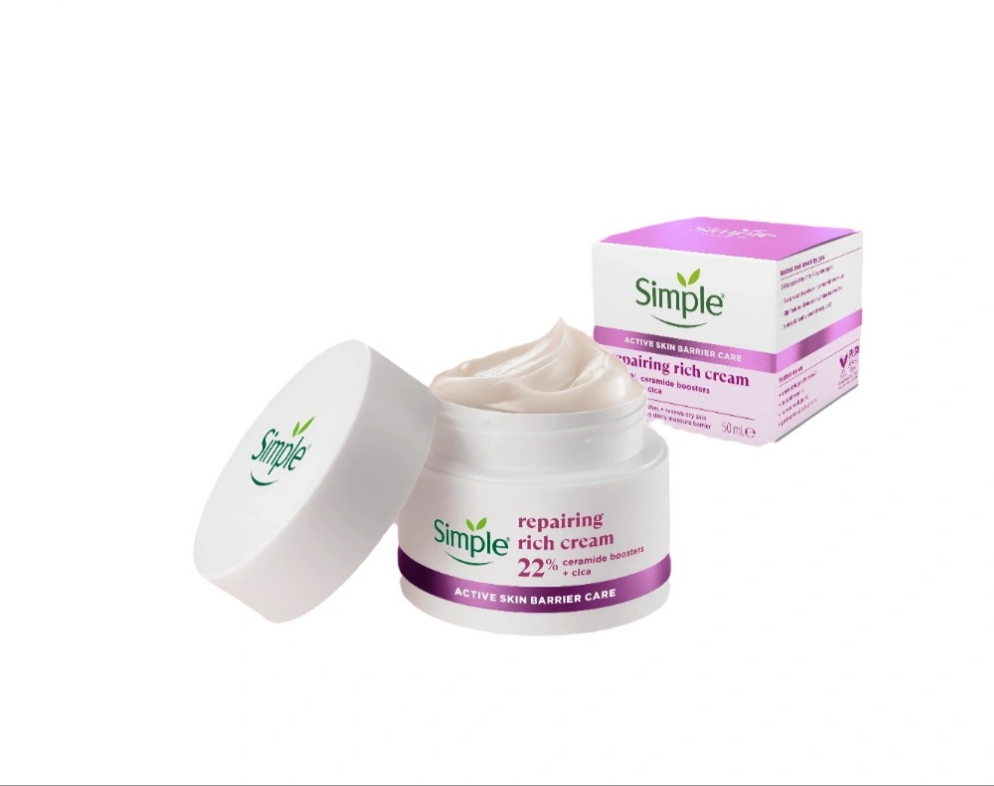 Simple Repairing Rich Face Cream facial moisturiser with 22% ceramide boosters, organic cica.
