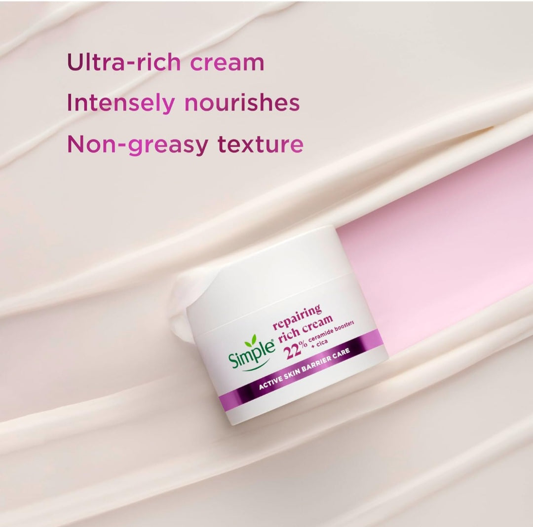Simple Repairing Rich Face Cream facial moisturiser with 22% ceramide boosters, organic cica.