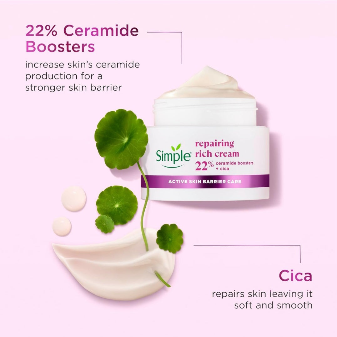 Simple Repairing Rich Face Cream facial moisturiser with 22% ceramide boosters, organic cica.