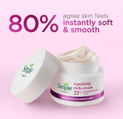 Simple Repairing Rich Face Cream facial moisturiser with 22% ceramide boosters, organic cica.