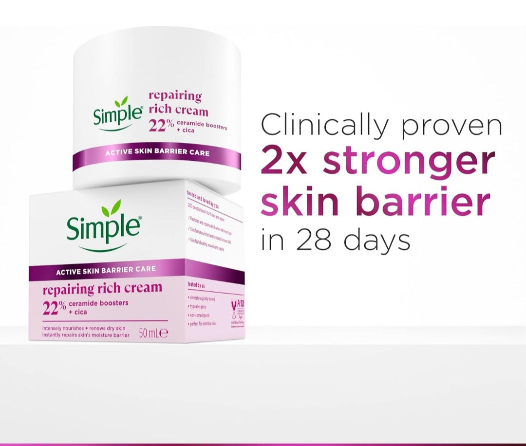 Simple Repairing Rich Face Cream facial moisturiser with 22% ceramide boosters, organic cica.